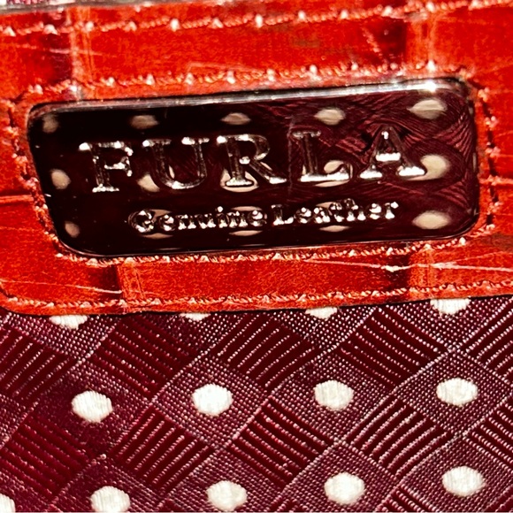 Furla Crocodile Embossed Leather 2 Handles Satchel Handbag Purse Tote Burgundy - Picture 13 of 17